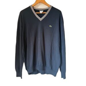 Vintage Lacoste Mens V-Neck Sweater Navy Blue‎ Striped Trim Preppy Size 7 XL